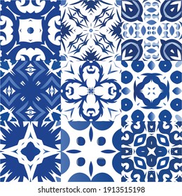 Antique azulejo tiles patchworks. Fashionable design. Collection of vector seamless patterns. Blue spain and portuguese decor for bags, smartphone cases, T-shirts, linens or scrapbooking.
