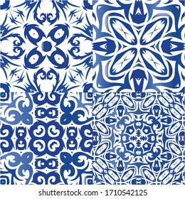Antique azulejo tiles patchworks. Geometric design. Set of vector seamless patterns. Blue spain and portuguese decor for bags, smartphone cases, T-shirts, linens or scrapbooking.