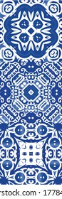Antique azulejo tiles patchworks. Geometric design. Set of vector seamless patterns. Blue spain and portuguese decor for bags, smartphone cases, T-shirts, linens or scrapbooking.