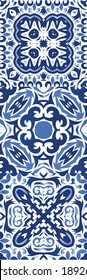 Antique azulejo tiles patchworks. Geometric design. Set of vector seamless patterns. Blue spain and portuguese decor for bags, smartphone cases, T-shirts, linens or scrapbooking.