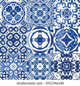 Antique azulejo tiles patchworks. Geometric design. Collection of vector seamless patterns. Blue spain and portuguese decor for bags, smartphone cases, T-shirts, linens or scrapbooking.