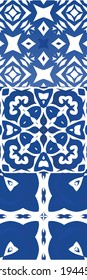 Antique azulejo tiles patchworks. Geometric design. Collection of vector seamless patterns. Blue spain and portuguese decor for bags, smartphone cases, T-shirts, linens or scrapbooking.