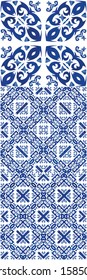 Antique azulejo tiles patchworks. Graphic design. Collection of vector seamless patterns. Blue spain and portuguese decor for bags, smartphone cases, T-shirts, linens or scrapbooking.