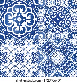 Antique azulejo tiles patchworks. Graphic design. Collection of vector seamless patterns. Blue spain and portuguese decor for bags, smartphone cases, T-shirts, linens or scrapbooking.