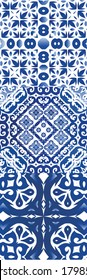 Antique azulejo tiles patchworks. Graphic design. Collection of vector seamless patterns. Blue spain and portuguese decor for bags, smartphone cases, T-shirts, linens or scrapbooking.