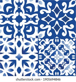 Antique azulejo tiles patchworks. Graphic design. Collection of vector seamless patterns. Blue spain and portuguese decor for bags, smartphone cases, T-shirts, linens or scrapbooking.