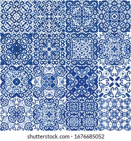 Antique azulejo tiles patchworks. Hand drawn design. Kit of vector seamless patterns. Blue spain and portuguese decor for bags, smartphone cases, T-shirts, linens or scrapbooking.