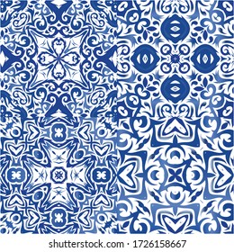 Antique azulejo tiles patchworks. Hand drawn design. Set of vector seamless patterns. Blue spain and portuguese decor for bags, smartphone cases, T-shirts, linens or scrapbooking.