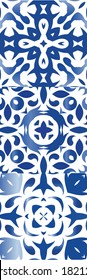 Antique azulejo tiles patchworks. Hand drawn design. Kit of vector seamless patterns. Blue spain and portuguese decor for bags, smartphone cases, T-shirts, linens or scrapbooking.