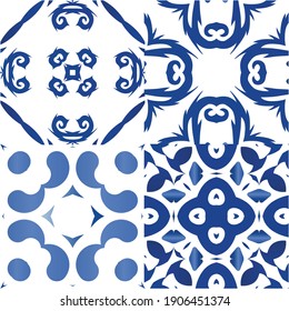 Fliesen aus antiken Azulejo-Fliesen. Handgezeichnetes Design. Satz von Vektornahtlosen Mustern. Blauer Spain und portugiesisches Dekor für Taschen, Smartphone-Kisten, T-Shirts, Bettwäsche oder Scrapbooking.