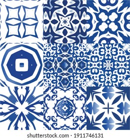 Antique azulejo tiles patchworks. Hand drawn design. Kit of vector seamless patterns. Blue spain and portuguese decor for bags, smartphone cases, T-shirts, linens or scrapbooking.