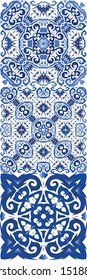 Antique azulejo tiles patchworks. Kit of vector seamless patterns. Kitchen design. Blue spain and portuguese decor for bags, smartphone cases, T-shirts, linens or scrapbooking.
