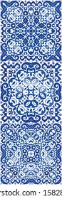 Antique azulejo tiles patchworks. Kit of vector seamless patterns. Original design. Blue spain and portuguese decor for bags, smartphone cases, T-shirts, linens or scrapbooking.