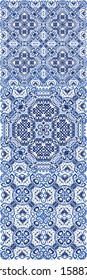 Antique azulejo tiles patchworks. Kit of vector seamless patterns. Colored design. Blue spain and portuguese decor for bags, smartphone cases, T-shirts, linens or scrapbooking.