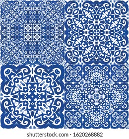 Antique azulejo tiles patchworks. Kit of vector seamless patterns. Hand drawn design. Blue spain and portuguese decor for bags, smartphone cases, T-shirts, linens or scrapbooking.