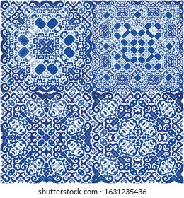 Antique azulejo tiles patchworks. Kit of vector seamless patterns. Graphic design. Blue spain and portuguese decor for bags, smartphone cases, T-shirts, linens or scrapbooking.