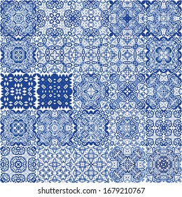 Antique azulejo tiles patchworks. Kit of vector seamless patterns. Fashionable design. Blue spain and portuguese decor for bags, smartphone cases, T-shirts, linens or scrapbooking.