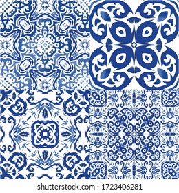 Antique azulejo tiles patchworks. Kit of vector seamless patterns. Minimal design. Blue spain and portuguese decor for bags, smartphone cases, T-shirts, linens or scrapbooking.