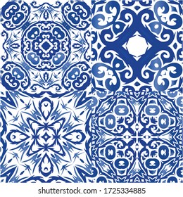 Azulejos antiguos. Kit de patrones sin fisuras vectoriales. Diseño dibujado a mano. España azul y decoración portuguesa para bolsas, estuches para smartphones, camisetas, ropa de cama o scrapbooking.
