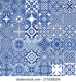 Antique azulejo tiles patchworks. Kit of vector seamless patterns. Original design. Blue spain and portuguese decor for bags, smartphone cases, T-shirts, linens or scrapbooking.