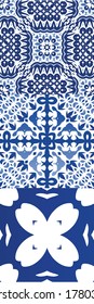 Fliesen aus antiken Azulejo-Fliesen. Kit aus Vektornahtlosen Mustern. Stilvolles Design. Blauer Spain und portugiesisches Dekor für Taschen, Smartphone-Kisten, T-Shirts, Bettwäsche oder Scrapbooking.