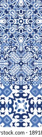 Antique azulejo tiles patchworks. Kit of vector seamless patterns. Original design. Blue spain and portuguese decor for bags, smartphone cases, T-shirts, linens or scrapbooking.