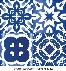 Antique azulejo tiles patchworks. Kit of vector seamless patterns. Universal design. Blue spain and portuguese decor for bags, smartphone cases, T-shirts, linens or scrapbooking.