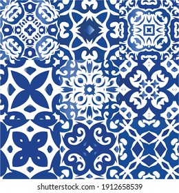 Antique azulejo tiles patchworks. Kit of vector seamless patterns. Fashionable design. Blue spain and portuguese decor for bags, smartphone cases, T-shirts, linens or scrapbooking.