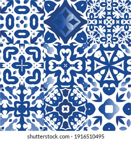 Antique azulejo tiles patchworks. Kit of vector seamless patterns. Original design. Blue spain and portuguese decor for bags, smartphone cases, T-shirts, linens or scrapbooking.