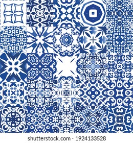 Antique azulejo tiles patchworks. Kit of vector seamless patterns. Minimal design. Blue spain and portuguese decor for bags, smartphone cases, T-shirts, linens or scrapbooking.