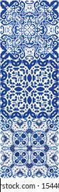 Antique azulejo tiles patchworks. Kitchen design. Collection of vector seamless patterns. Blue spain and portuguese decor for bags, smartphone cases, T-shirts, linens or scrapbooking.