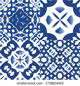 Antique azulejo tiles patchworks. Kitchen design. Collection of vector seamless patterns. Blue spain and portuguese decor for bags, smartphone cases, T-shirts, linens or scrapbooking.