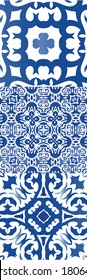 Fliesen aus antiken Azulejo-Fliesen. Küchendesign. Kit aus Vektornahtlosen Mustern. Blauer Spain und portugiesisches Dekor für Taschen, Smartphone-Kisten, T-Shirts, Bettwäsche oder Scrapbooking.