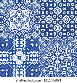 Antique azulejo tiles patchworks. Kitchen design. Collection of vector seamless patterns. Blue spain and portuguese decor for bags, smartphone cases, T-shirts, linens or scrapbooking.