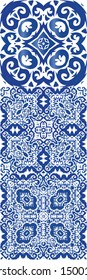 Antique azulejo tiles patchworks. Minimal design. Collection of vector seamless patterns. Blue spain and portuguese decor for bags, smartphone cases, T-shirts, linens or scrapbooking.