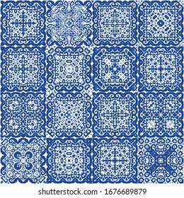 Antique azulejo tiles patchworks. Minimal design. Kit of vector seamless patterns. Blue spain and portuguese decor for bags, smartphone cases, T-shirts, linens or scrapbooking.
