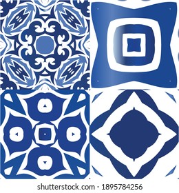 Antique azulejo tiles patchworks. Minimal design. Set of vector seamless patterns. Blue spain and portuguese decor for bags, smartphone cases, T-shirts, linens or scrapbooking.