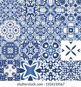 Antique azulejo tiles patchworks. Minimal design. Kit of vector seamless patterns. Blue spain and portuguese decor for bags, smartphone cases, T-shirts, linens or scrapbooking.