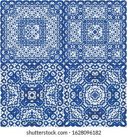 Antique azulejo tiles patchworks. Modern design. Set of vector seamless patterns. Blue spain and portuguese decor for bags, smartphone cases, T-shirts, linens or scrapbooking.