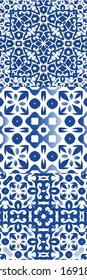 Antique azulejo tiles patchworks. Modern design. Set of vector seamless patterns. Blue spain and portuguese decor for bags, smartphone cases, T-shirts, linens or scrapbooking.