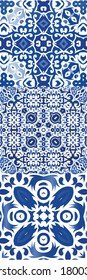 Antique azulejo tiles patchworks. Modern design. Collection of vector seamless patterns. Blue spain and portuguese decor for bags, smartphone cases, T-shirts, linens or scrapbooking.