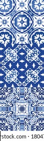 Antique azulejo tiles patchworks. Modern design. Kit of vector seamless patterns. Blue spain and portuguese decor for bags, smartphone cases, T-shirts, linens or scrapbooking.