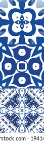 Antique azulejo tiles patchworks. Modern design. Collection of vector seamless patterns. Blue spain and portuguese decor for bags, smartphone cases, T-shirts, linens or scrapbooking.
