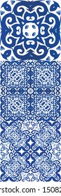 Antique azulejo tiles patchworks. Original design. Collection of vector seamless patterns. Blue spain and portuguese decor for bags, smartphone cases, T-shirts, linens or scrapbooking.