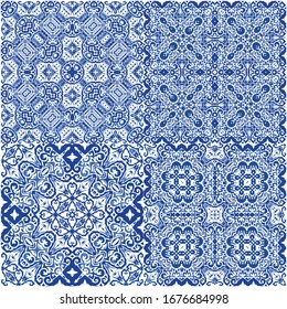 Antique azulejo tiles patchworks. Original design. Set of vector seamless patterns. Blue spain and portuguese decor for bags, smartphone cases, T-shirts, linens or scrapbooking.