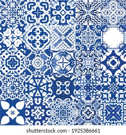 Antique azulejo tiles patchworks. Original design. Collection of vector seamless patterns. Blue spain and portuguese decor for bags, smartphone cases, T-shirts, linens or scrapbooking.