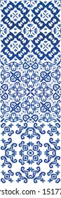 Antique azulejo tiles patchworks. Set of vector seamless patterns. Hand drawn design. Blue spain and portuguese decor for bags, smartphone cases, T-shirts, linens or scrapbooking.