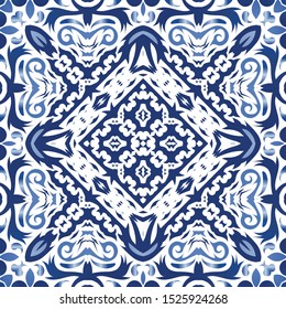 Antique azulejo tiles patchworks. Set of vector seamless patterns. Original design. Blue spain and portuguese decor for bags, smartphone cases, T-shirts, linens or scrapbooking.