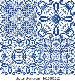 Antique azulejo tiles patchworks. Set of vector seamless patterns. Minimal design. Blue spain and portuguese decor for bags, smartphone cases, T-shirts, linens or scrapbooking.