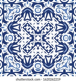 Antique azulejo tiles patchworks. Set of vector seamless patterns. Original design. Blue spain and portuguese decor for bags, smartphone cases, T-shirts, linens or scrapbooking.